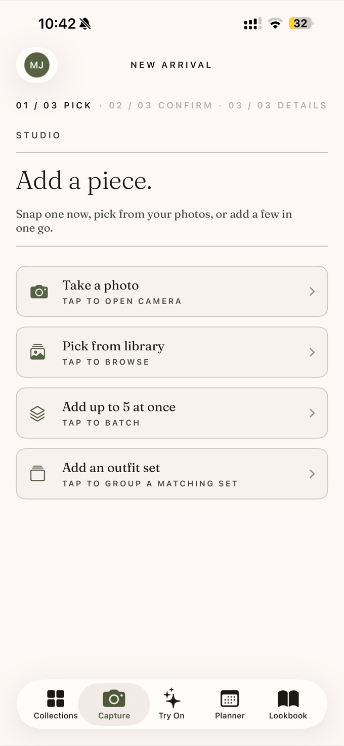 The Sleqk add-a-piece screen — take a photo, pick from your library, or batch-add up to five items at once.