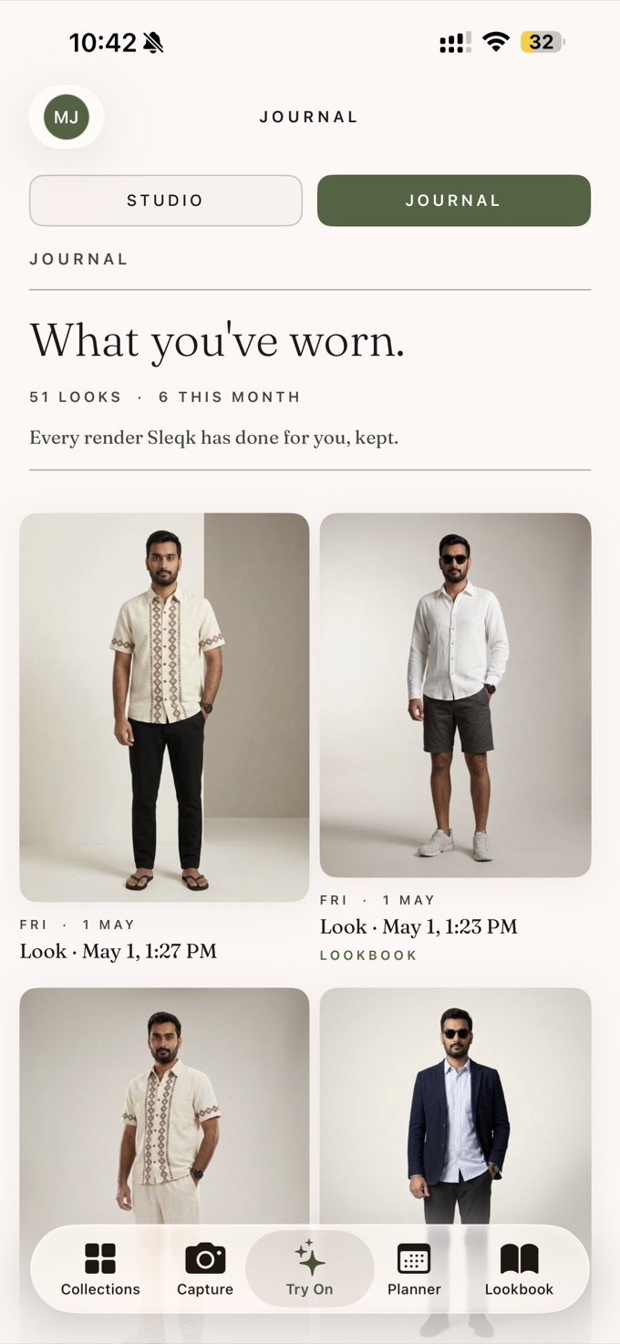 The Sleqk Style Journal — a gallery of photoreal try-on renders of past outfits, worn on you.